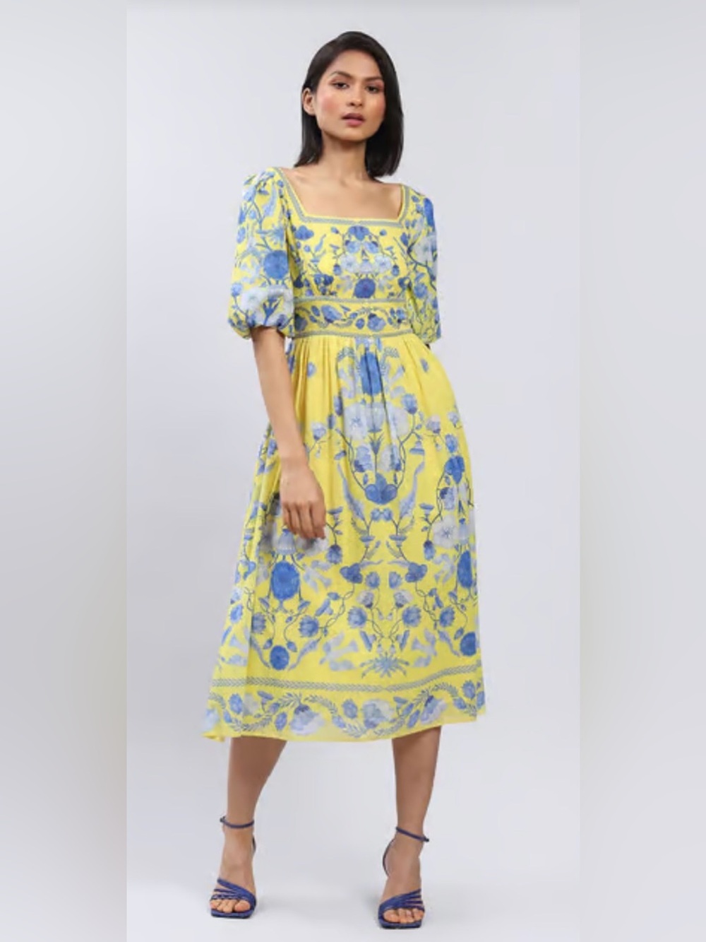 Ritu Kumar Yellow Midi Dress with Blue Floral Embroidery